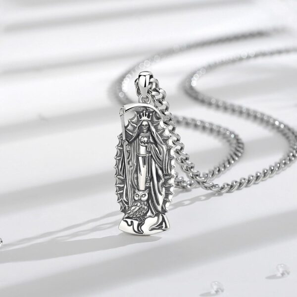 S925 Sterling Silver Santa Muerte Necklace for Men Women, Vintage Santa Muerte Holy Death Pendant Amulet Skull Grim Reaper Jewelry Original Gifts for Women Mens, 22+2inch - Image 3