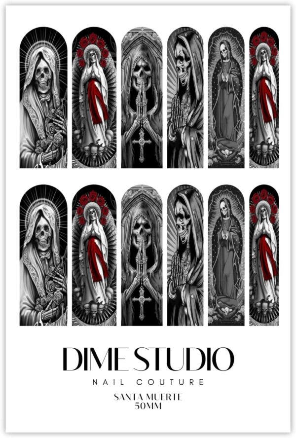 Santa Muerte Nail Decals - Virgen Mary Monochrome Stickers - Water Transfer Nail Wraps for Gel and Acrylic Extensions (50MM XL)
