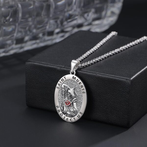 Santa Muerte Necklace Sterling Silver Grim Reaper Skull Necklace Death Santa Muerte Pendant Day of the Dead Protect Amulet Jewelry for Women Men - Image 3