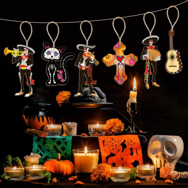 CMUSKO Dia De Los Muertos Decorations-30Pcs Day of the Dead Wood Ornaments Sugar Skull Hanging Wooden Sign,Halloween Tree Ornaments Mexican Fiesta Day of the Dead Decor - Image 2