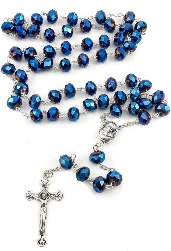 Nazareth Store Deep Blue Crystal Beads Rosary Catholic Necklace Holy Soil Medal Cross Crucifix Velvet Bag - Image 5