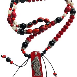 Santuario Jewelry Santa Muerte Necklace Skull and Red/Black Beads Handmade Rosary Pendant