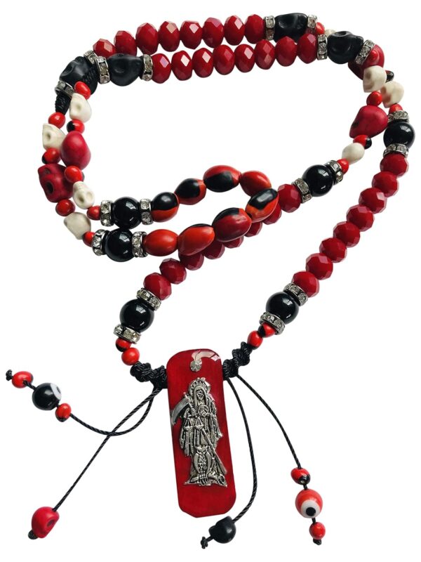 Santuario Jewelry Santa Muerte Necklace Skull and Red/Black Beads Handmade Rosary Pendant
