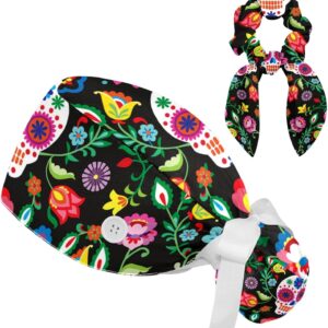 Adjustable Winter Blue Snowflake Surgical Scrub Cap with Button, Ponytail Pouch, Sweatband for Women with Bow Hair Scrunchy