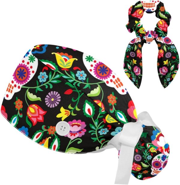 Adjustable Winter Blue Snowflake Surgical Scrub Cap with Button, Ponytail Pouch, Sweatband for Women with Bow Hair Scrunchy