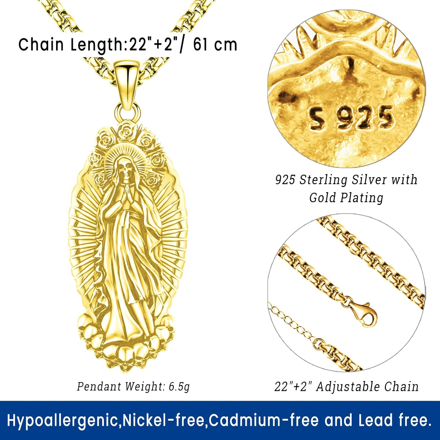 Eusense La Santa Muerte Necklace for Men Women Sterling Silver 925 Gold 14K Skull Necklaces Pendant Grim Reaper Jewelry - Image 3