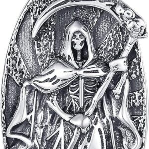 Santa Muerte Necklace 925 Sterling Silver Oxidation Grim Skull with Scythe Pendant Necklace Santa Muerte Jewelry for Men