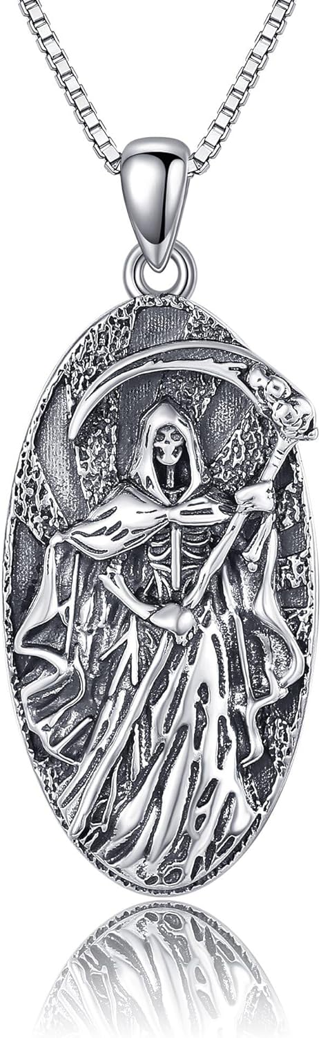 Santa Muerte Necklace 925 Sterling Silver Oxidation Grim Skull with Scythe Pendant Necklace Santa Muerte Jewelry for Men