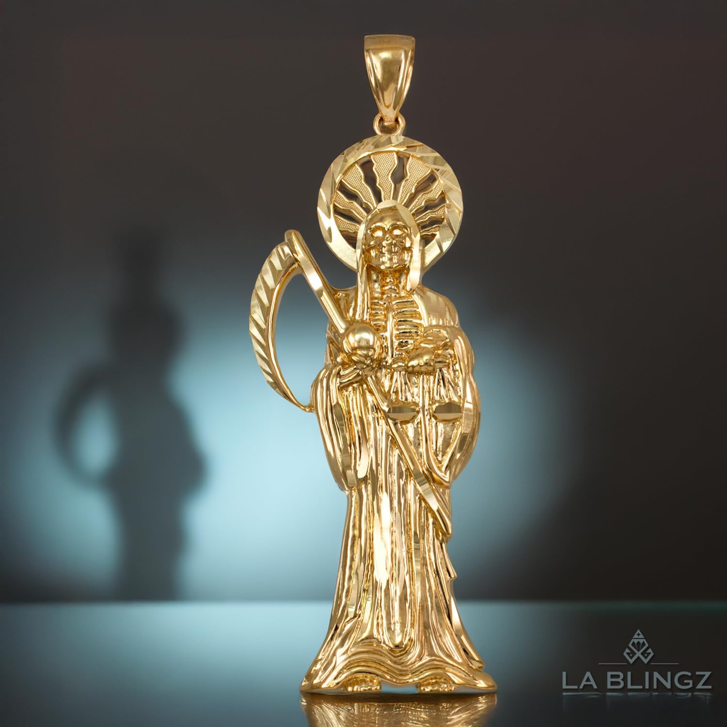 LA BLINGZ 14K Yellow Gold Santa Muerte DC Pendant - Image 2