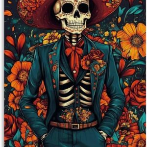 HYMART Vintage Mexican Skull Floral Wall Art Poster, Day of The Dead Prints, Dia De Los Muertos Party Decoration, Sugar Skull Halloween Wall Decor For Home Pub Bar Club Living Room 16x24inch(40x60cm)