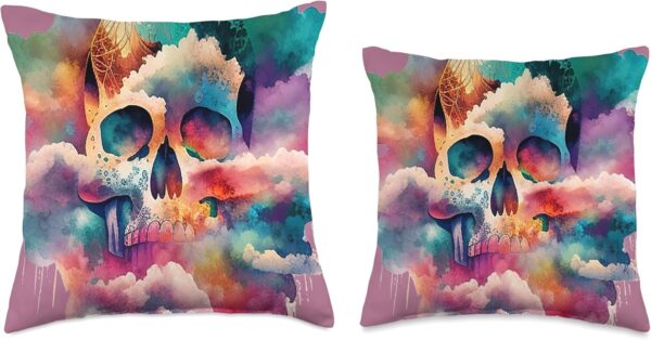 Watercolor Skull in Rainbow Clouds Dia De Los Muertos Art Throw Pillow, 16x16, Multicolor - Image 3
