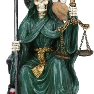Ebros Gift Santa Muerte Holding Scythe Hourglass and Scales of Justice with Wise Owl Seated On Throne Figurine Holy Death Bone Mother Patron of Wealth Protection Purity Love Health (Green)