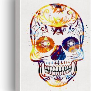 Sugar Skull Watercolor Wall Art Goth Skull Canvas Painting Prints for Home Office Wall Decor Framed Horror Artwork Gothic Gifts(12x15)