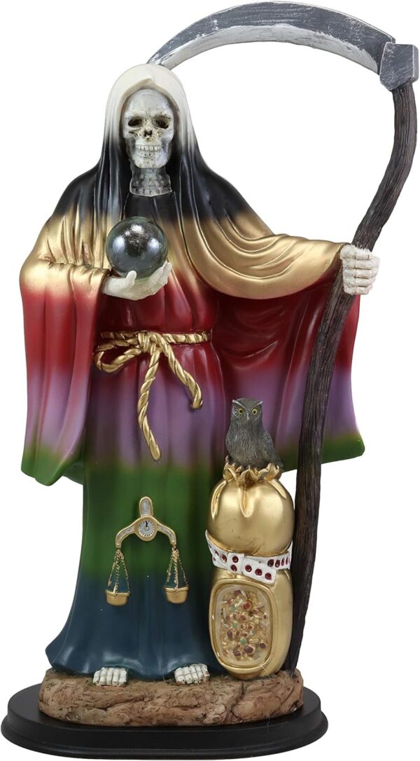 Ebros Gift Large 16.75" Tall Holy Death Santa Muerte Holding Scythe, Glass Globe with Scales of Justice and Owl in Tunic Robe Statue Day of The Dead Bone Mother Decorative Figurine (Rainbow Spectrum)