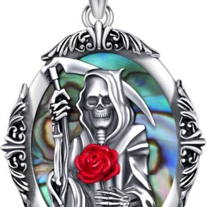 Santa Muerte Necklace 925 Sterling Silver Grim Reaper Medal Necklace Retro Death La Santa Muerte Necklace Jewelry for Men with Gifts Box