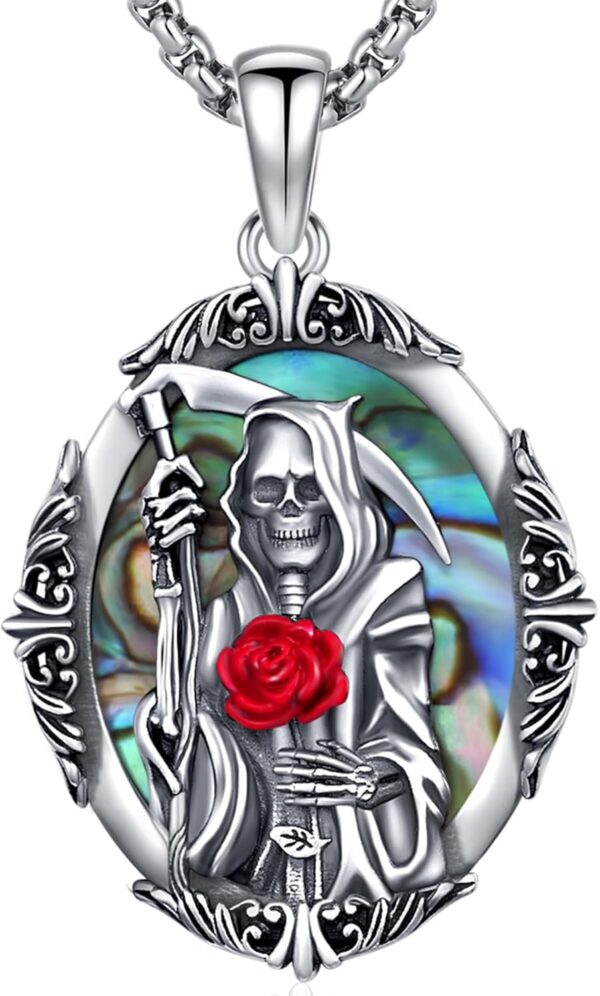 Santa Muerte Necklace 925 Sterling Silver Grim Reaper Medal Necklace Retro Death La Santa Muerte Necklace Jewelry for Men with Gifts Box