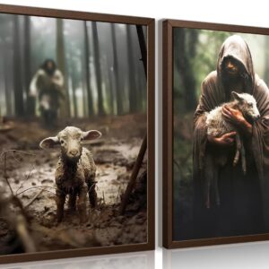 2Pcs Jesus & Lamb Canvas Wall Art - Jesus Save Lost Lamb Posters, Prints, Vintage Christian Pictures - Modern Wall Decor for Bedroom (12x16in Unframed)