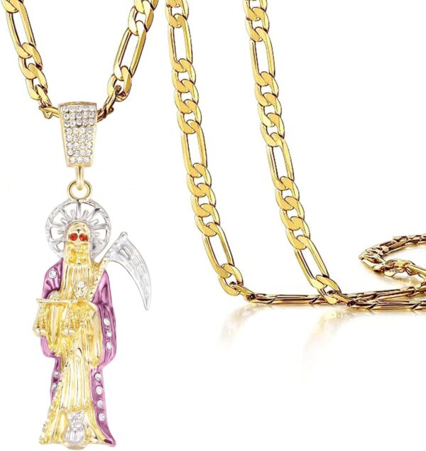 Santa Muerte Necklace Diamond 14K Gold Plated Santa Muerte Pendant Jewelry With Sickle Holiday Gift (Gold 282)
