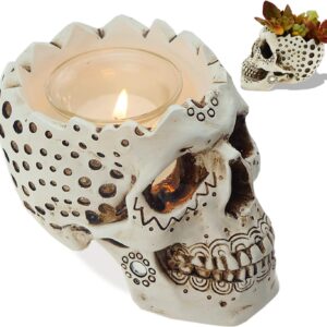 Skull Candle Holder/Planter - Gothic Halloween Decor Day of The Dead Skull Gift Goth Home Accessory-5.9” with Votive Tealight