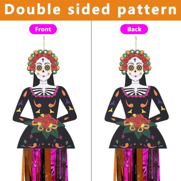 codree 4 PCS Large Day of The Dead Sugar Skull Hanging Decorations-39x8.6 Inch Dia De Los Muertos Hanging Decorations for Day of The Dead Halloween Party Home Outdoor Decor - Image 3