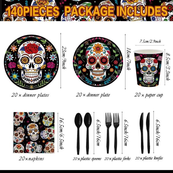 140Pcs Day of the Dead Party Supplies Sugar Skull Tableware Set Día de los Muertos Party Decorations Plates and Napkins, Halloween Birthday Party Supplies,Serve for 20 Guests - Image 2