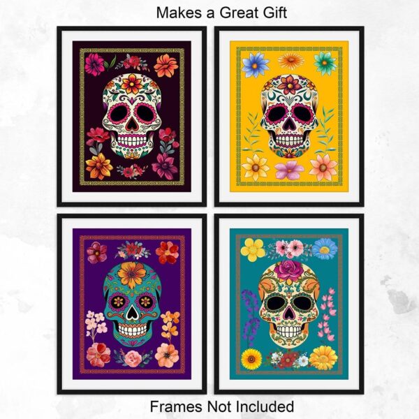 Sugar Skulls Day of the Dead Skeleton Wall Art Set of Four 8"x10" Goth Gothic Home Decor - Vintage Human Anatomy Poster - Funny Creepy Scary Prints - Image 4