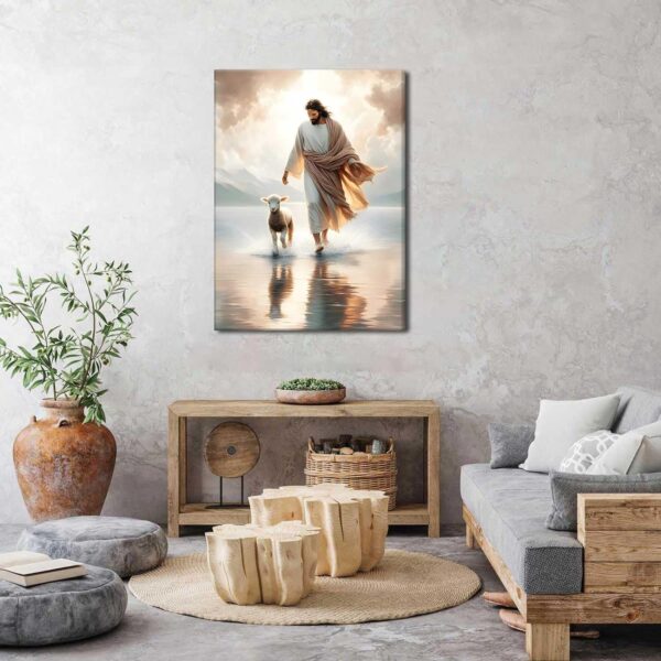 Jesus Walks On Water Canvas Wall Art Christ Saves The Lost Lamb Painting Wall Decor Christian Poster Print Follow Me Artwork Picture Decoration For Living Room Bedroom Church Ready To Hang - Image 2