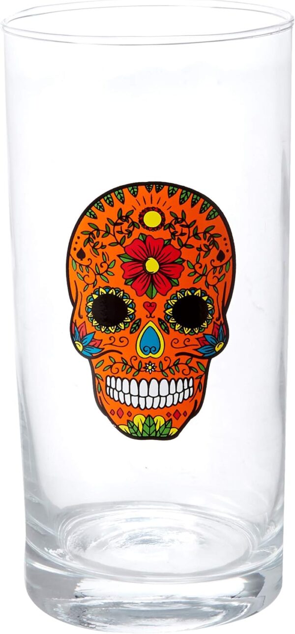 Circleware Halloween Sugar Skull Hiball Cooler, Set of 4 Heavy Drinking Glass Tumbler Cups for Water, Juice, Milk, Beer, Whiskey, Vodka, Farmhouse Decor, 14.5 oz, Black, White, Purple, Orange - Image 3