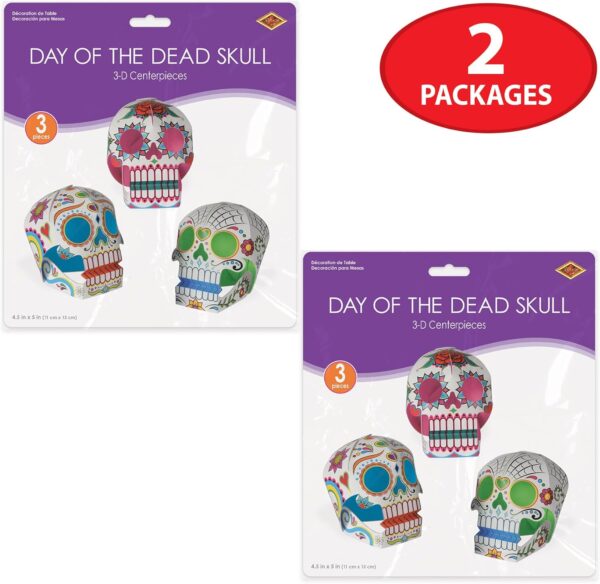 Beistle 6 Piece Three Dimensional Sugar Skull Day of The Dead Centerpieces Eye-Catching Dia De Los Muertos Party Decorations, Made in USA Since 1900, 5" x 4.5", Multicolor - Image 6
