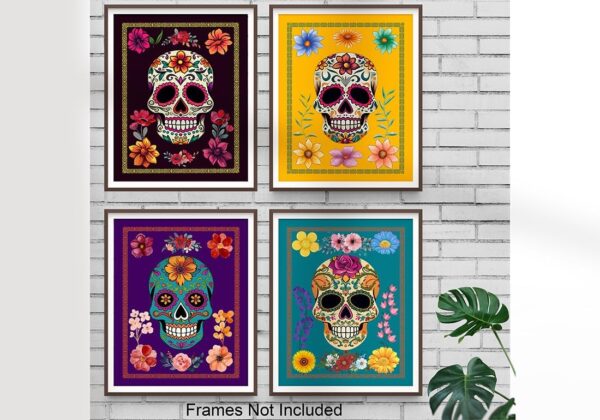Sugar Skulls Day of the Dead Skeleton Wall Art Set of Four 8"x10" Goth Gothic Home Decor - Vintage Human Anatomy Poster - Funny Creepy Scary Prints - Image 6