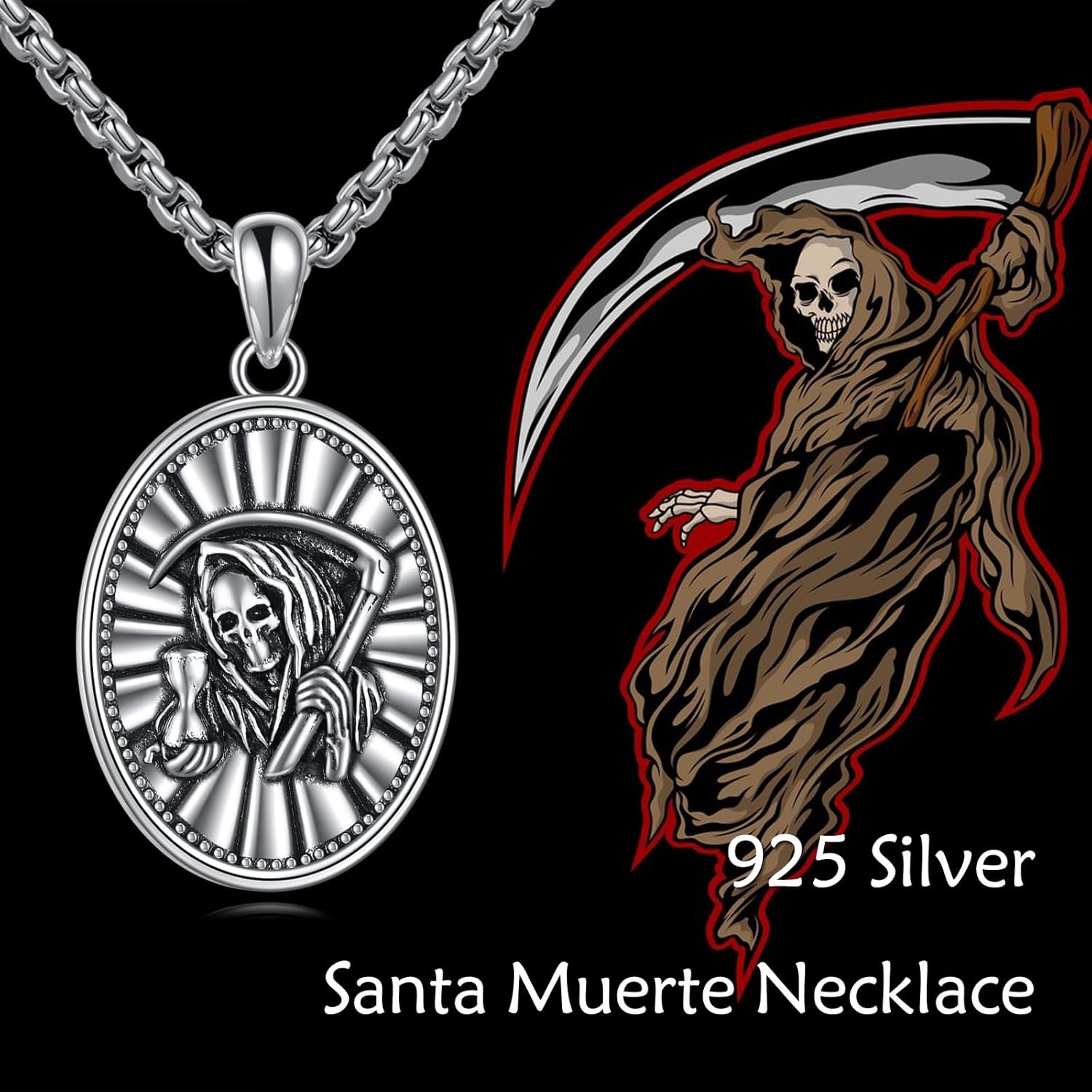 URONE Santa Muerte necklace 925 Sterling Silver Ia Santa Muerte Pendant Grim Reaper Necklace Amulet Jewelry Gifts - Image 6