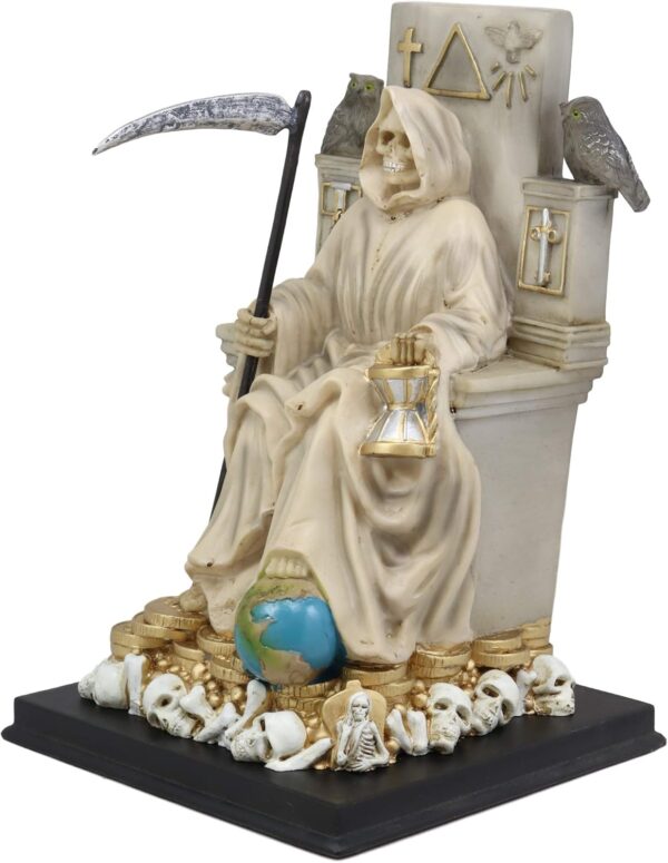 Ebros White Robe Santa Muerte Holy Sacred Death Bone Mother Seated On Throne with Scythe Statue Patron of Protection Healing Purity Figurine Day of The Dead Decorative Sculpture - Image 3