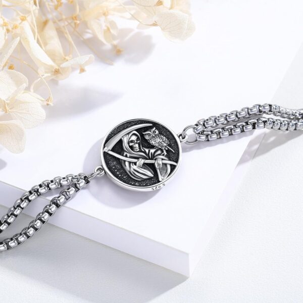 Santa Muerte Bracelet 925 Sterling Silver Grim Reaper Bracelet Owl Skull Santa Muerte Bracelet Oxidation Skull Holy Death Scythe Aumelt Charm Bracelet Mother's Day Santa Muerte Jewelry for Men Women - Image 2