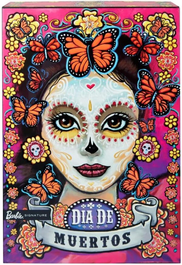 Barbie Signature Fashion Doll, 2023 Dia de Muertos Collectible Wearing Ruffled Pink Gown & Holding Tiny Ofrenda, Includes Doll Stand - Image 9