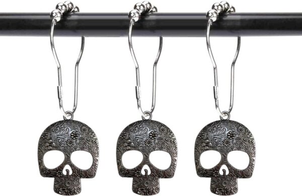 Set of 12 Sugar Skull Shower Curtain Hooks Decorative Home Bathroom Stainless Steel Rustproof Skeletons Shower Curtain Rings Decor Accessories (Black)
