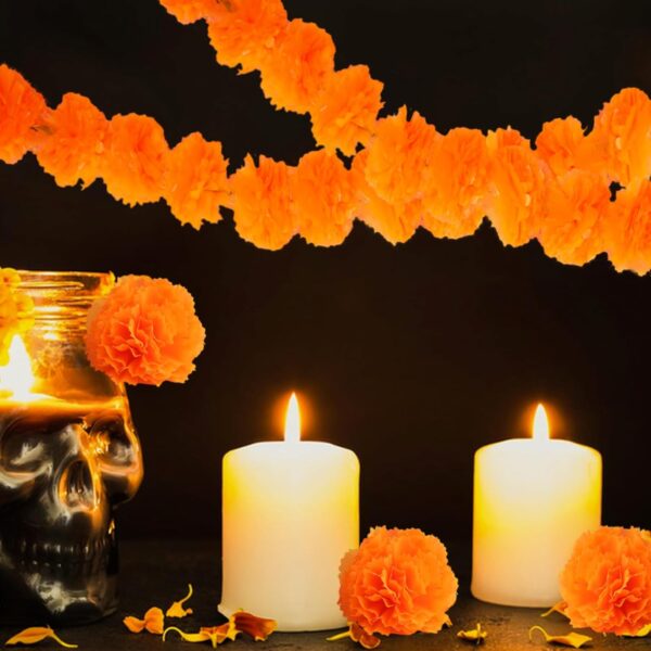 83pcs Dia De Los Muertos Decorations Ofrenda Kit - Day of the Dead Altar Decor Set,2 Marigold Garland 30 Marigold Flowers & Stems,Table Runner,12 Monarch Butterfly 6 Candle (table runner-Skull) - Image 3