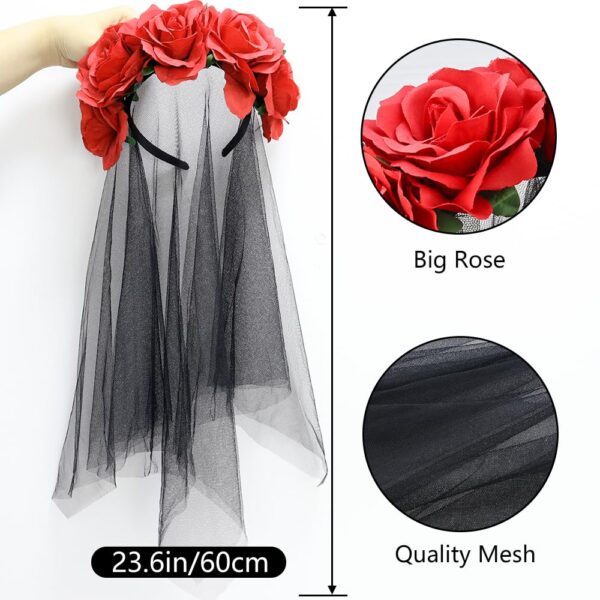 NODG Day of the Dead Headband, Retro mesh carnival head button, Halloween day rose flower party hair accessories headband black female - Image 2