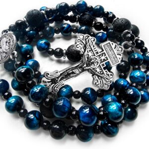 rosary beads catholic for men,Rosary Necklace for men with medal & cross,Handmade Blue Tiger Eye Beads Our Lady of Grace Rosary Cross Necklace Catholic Gifts