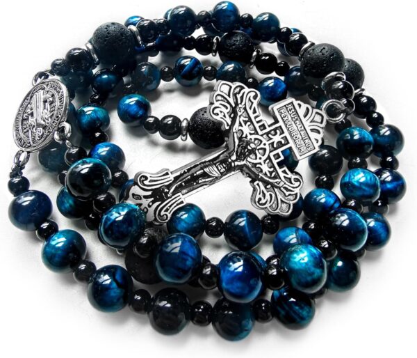 rosary beads catholic for men,Rosary Necklace for men with medal & cross,Handmade Blue Tiger Eye Beads Our Lady of Grace Rosary Cross Necklace Catholic Gifts