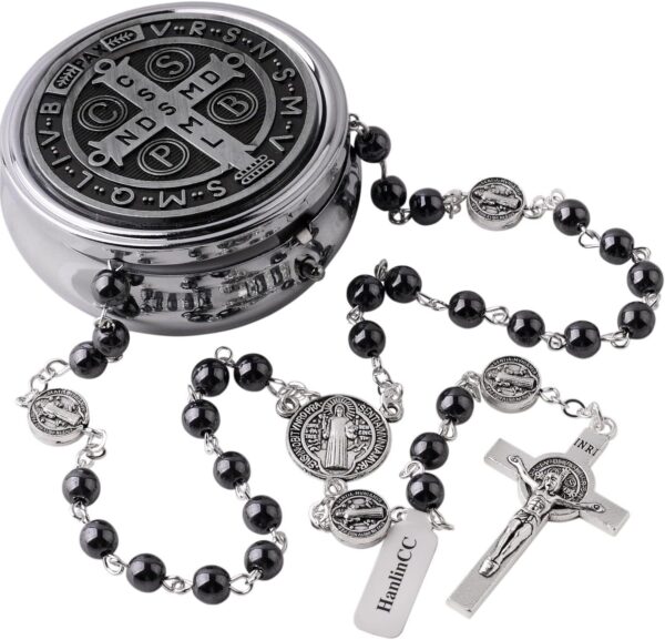 HanlinCC 6mm Hematite Stone Black Beads Catholic Saint Benedict Rosary Necklace for Men and Boy with St.Benedict Center Piece and Crucifix with Metal Gift Box