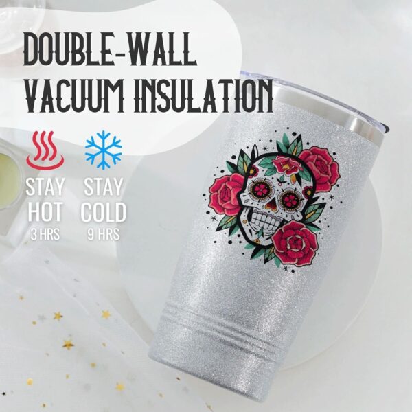 Onebttl Sugar Skull Gifts for Women, Day of the Dead, 20 oz Travel Tumbler with Lid, Brush, and Straw, Mexican Gifts, Silver Glitter - Image 4