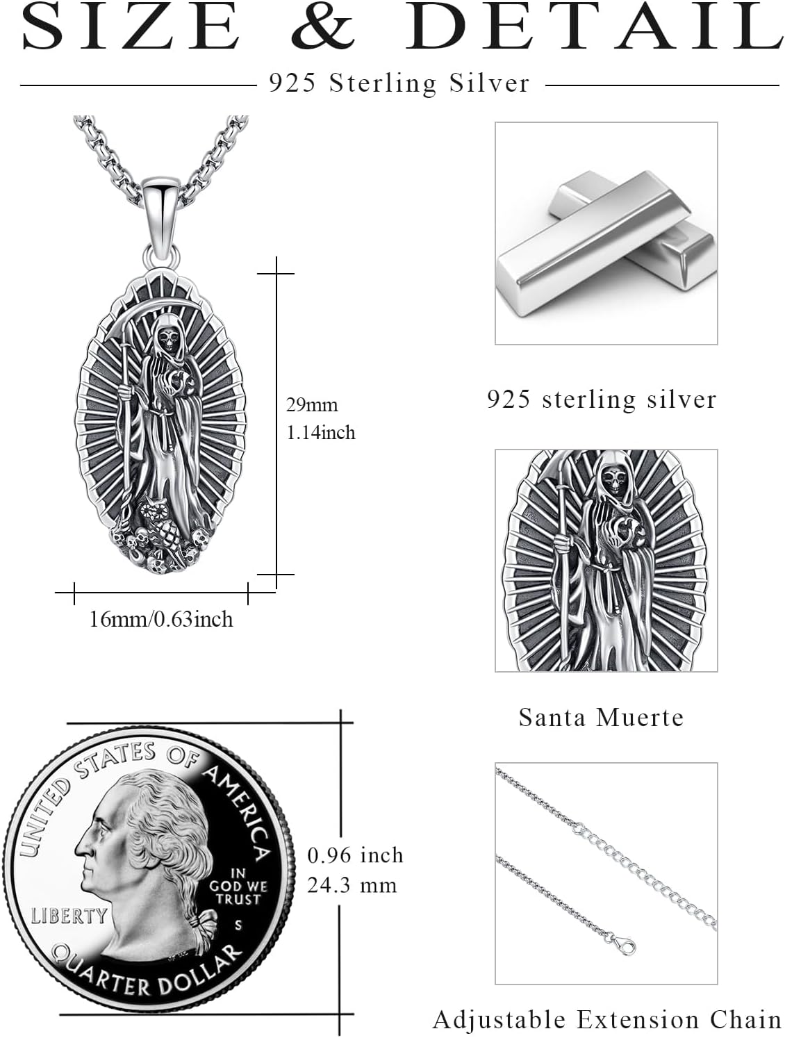 Santa Muerte Necklace 925 Sterling Silver Oxidation Grim Skull with Scythe Pendant Grim Reaper Necklace Skull Jewelry Gift for Men Halloween - Image 3