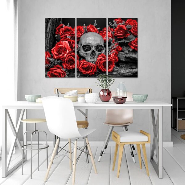 OuElegent 3 Piece Human Skull Canvas Wall Art Sugar Skull with Red Rose Flower Painting Pictures Gothic Halloween Prints Artwork for Living Room Bedroom Wall Decor Ready to Hang - Image 4