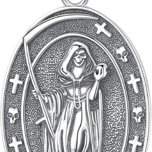 INFUSEU Santa Muerte Necklace for Women Men Sterling Silver 925 Pendant Cadena De La Santa Muerte Grim Reaper Skull Skeleton Jewelry Gift Patron Saint of Death Day of Dead