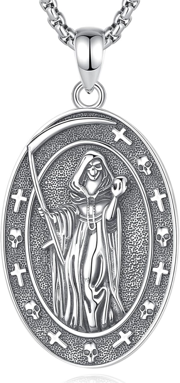 INFUSEU Santa Muerte Necklace for Women Men Sterling Silver 925 Pendant Cadena De La Santa Muerte Grim Reaper Skull Skeleton Jewelry Gift Patron Saint of Death Day of Dead
