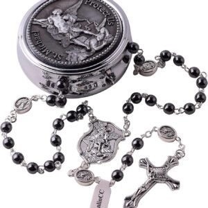 HanlinCC Saint Michael the Archangel Hematite Black Stone Beads Rosary Necklace with Metal Gift Box for Men