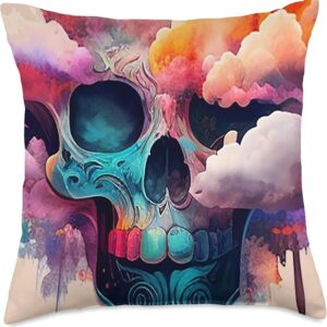 Watercolor Skull in Rainbow Clouds Dia De Los Muertos Art Throw Pillow, 18x18, Multicolor