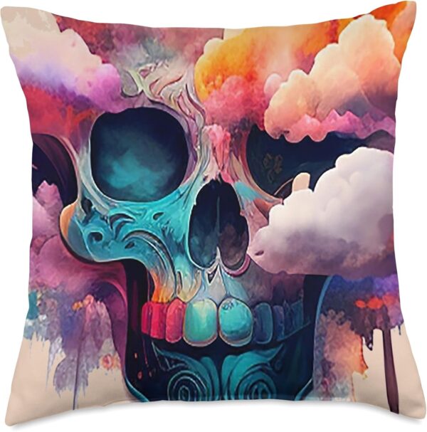 Watercolor Skull in Rainbow Clouds Dia De Los Muertos Art Throw Pillow, 18x18, Multicolor