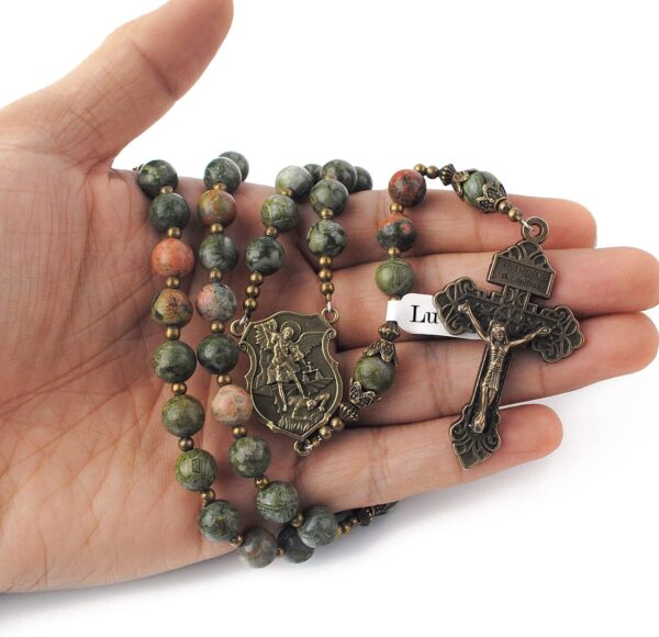 8mm Natural Stone Beads Large Rosary with Caps Miraculous Medal and Pardon Crucifix - Image 3