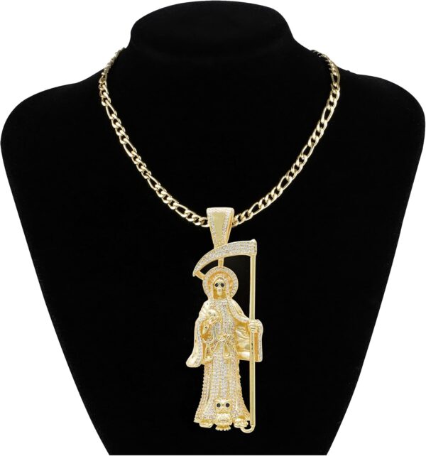 14K Gold Plated Brass Cubic Zirconia Skull Holy Death Sanit La Santa Muerte Charm Pendant Necklace Jewelry - Image 3